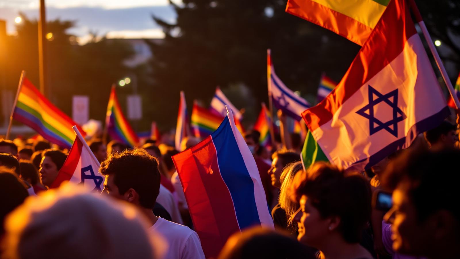 Crowd waving rainbow and Israeli flags at a pride march